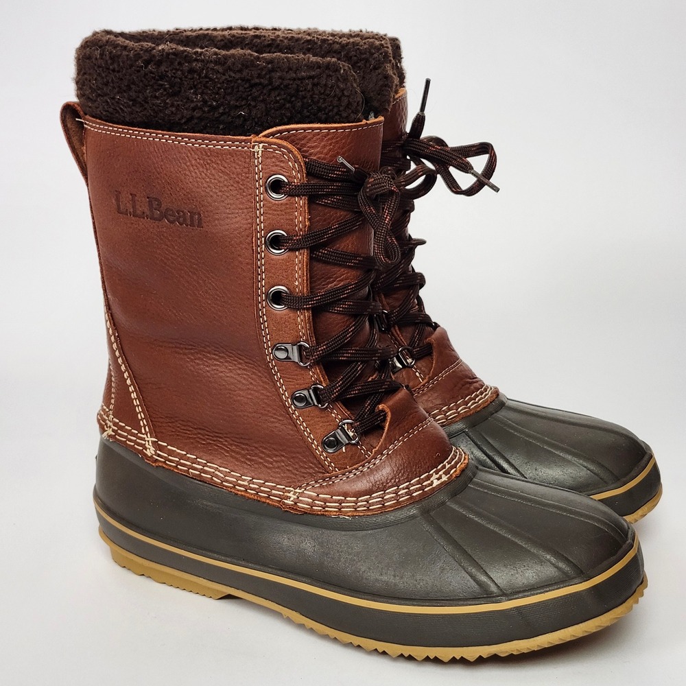 LL Bean 10" Shearling Lined Duck Boots Mens 12 M Brown Leather Pac Snow 299620